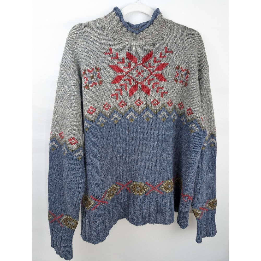 Vintage 90s Mens Wool Fair Isle Sweater Size XL Blue Roll Neck Nordic Grandpa